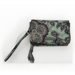 Vera Bradley Wristlet Fan Flowers RFID 3 in 1 Organizer Retired Paisley Teal